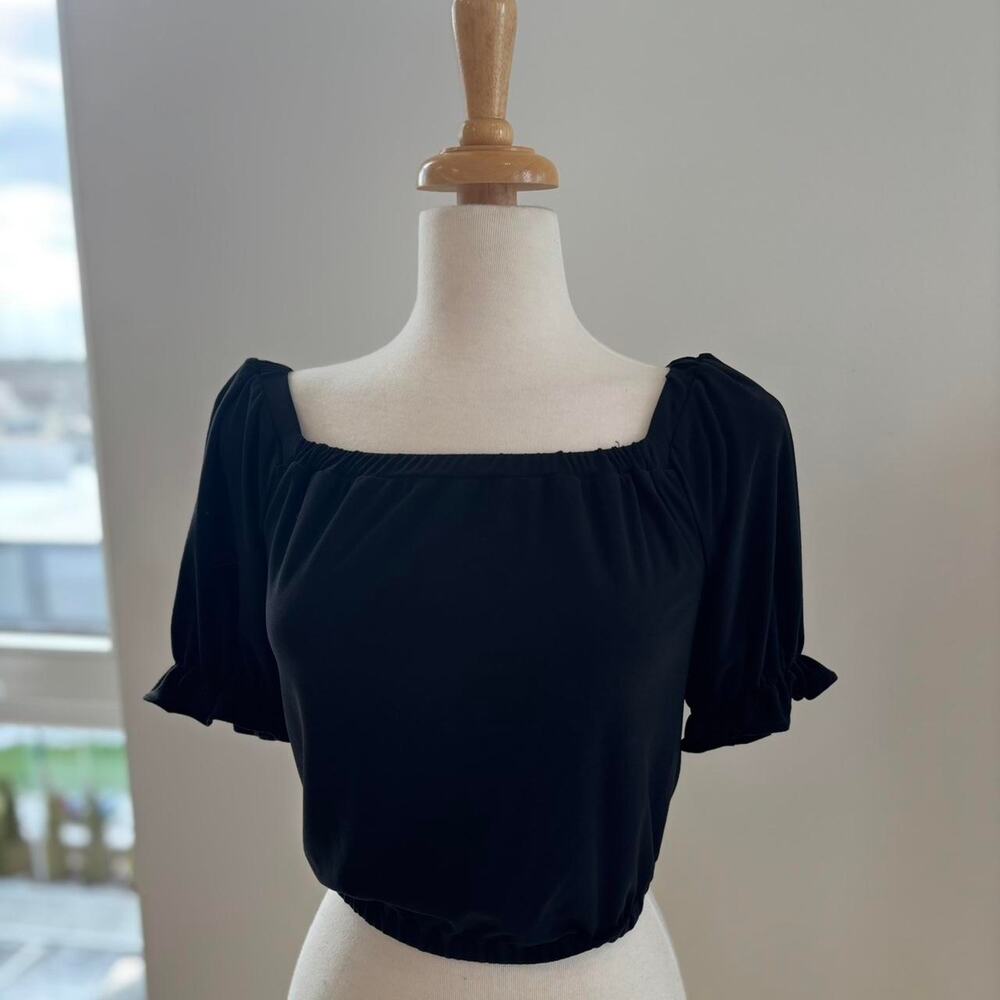 Bar III Black Square Neck Cropped Puff Sleeve Elastic Waist Top Sz Small NEW